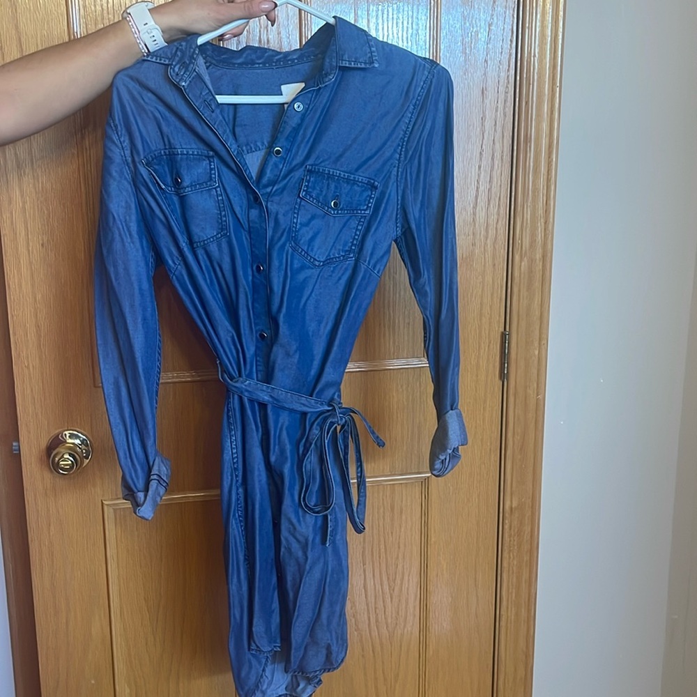 Jean shirt dress with ties around the waist